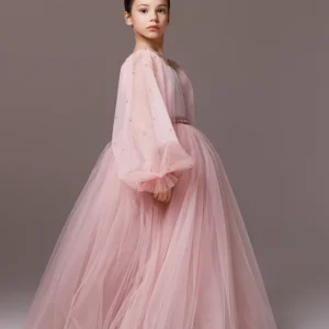Balloon Sleeve blush Flower girl ball gown dress with beads