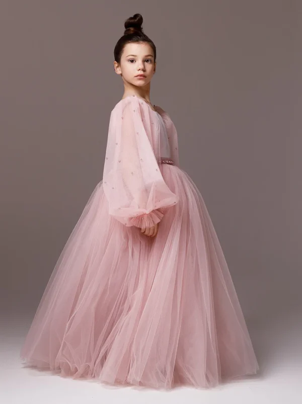 Balloon Sleeve blush Flower girl ball gown dress with beads