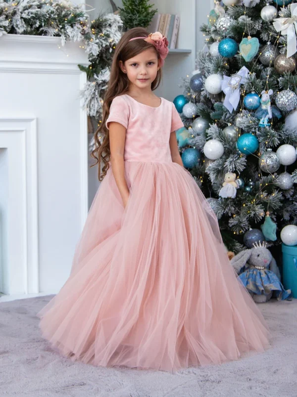short sleeve Simple vevet flower girl dress