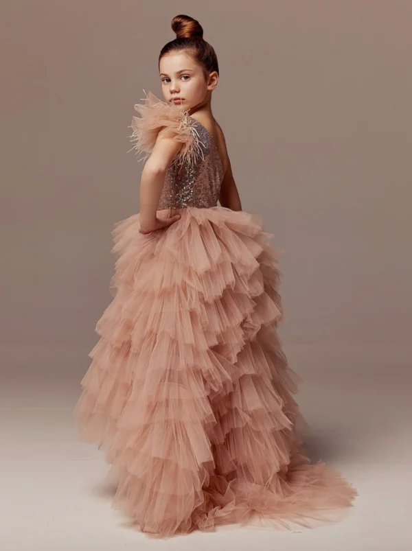 high low sequin girls pageant dress with train